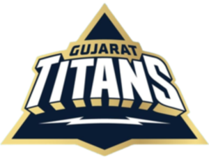 Logo of Gujarat Titans, featuring a fierce titan with a trident, in blue and yellow colors.